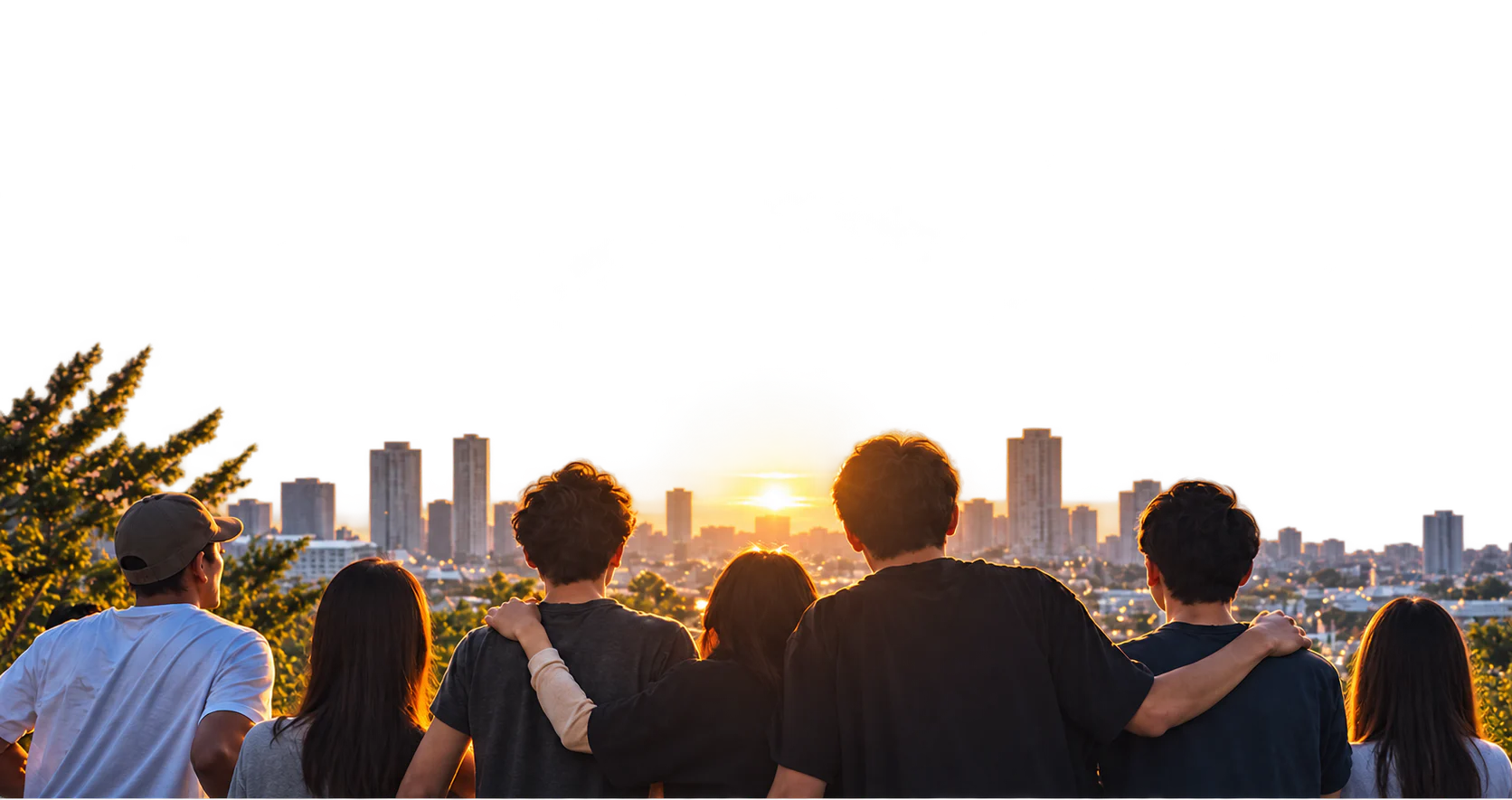 夕景を眺める仲間たちの後ろ姿